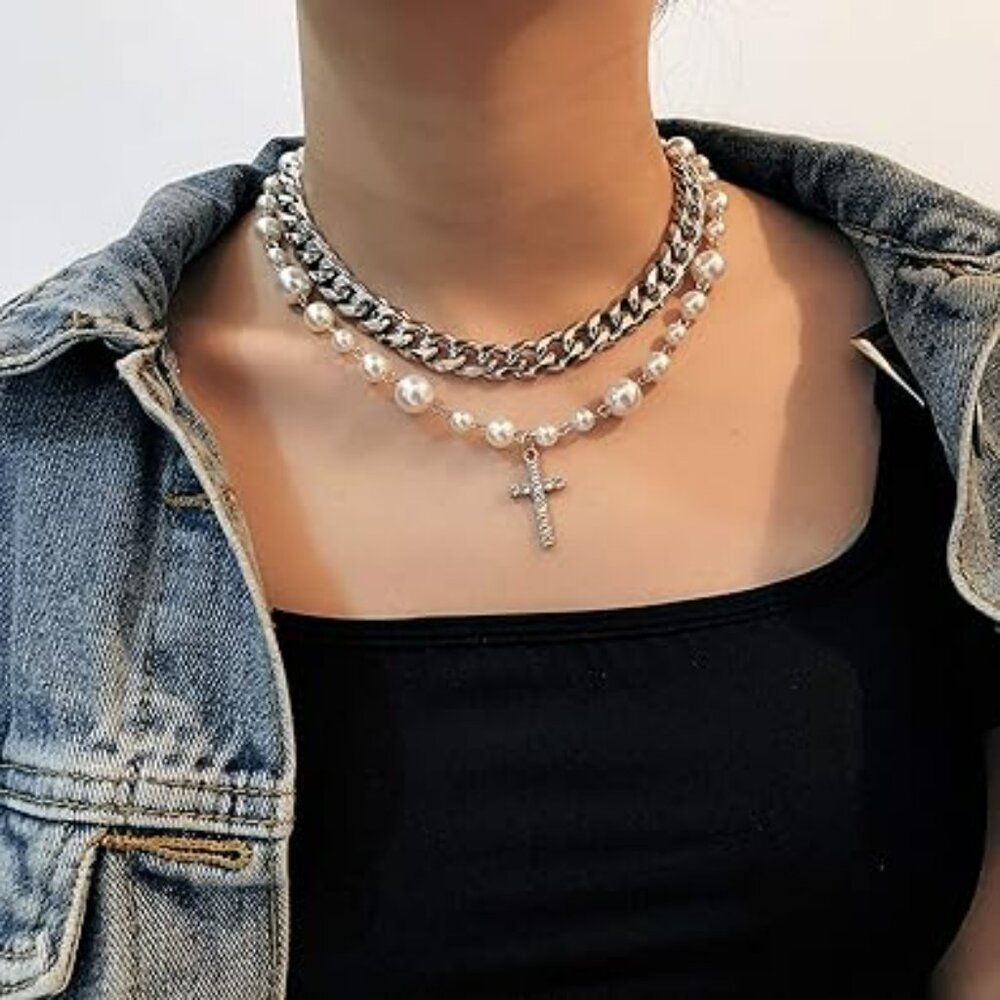 Classy Pearl Cross Necklace Silver Layered Crystal Cross Pendant Punk Chain‎